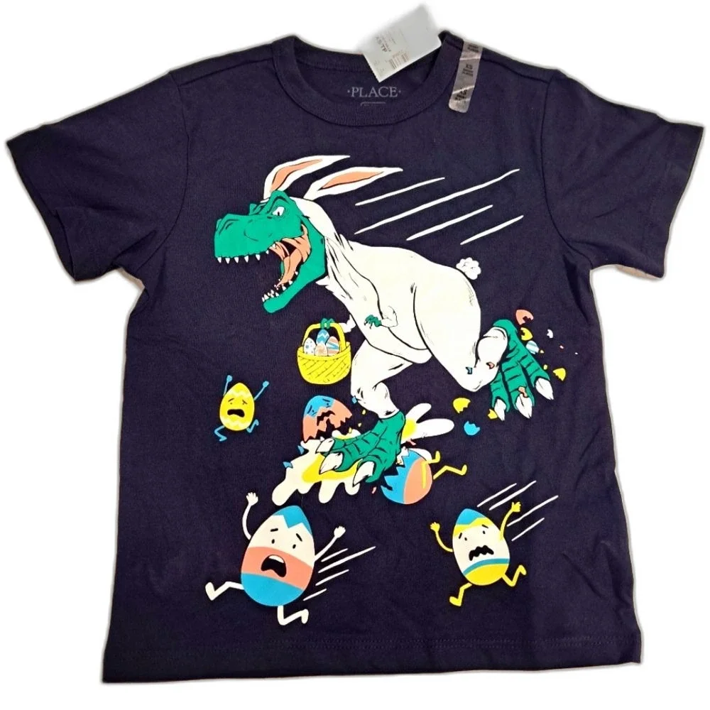 The Children's Place graphic t-shirt dinosaur Easter bunny scares eggs XS New!